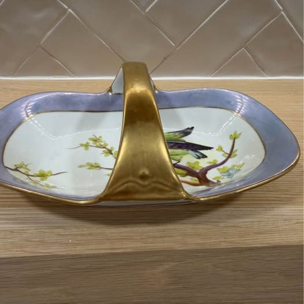 Noritake Vintage Hand Painted Porcelain Dish w/ Gold Handle Porcelain Bird Motif